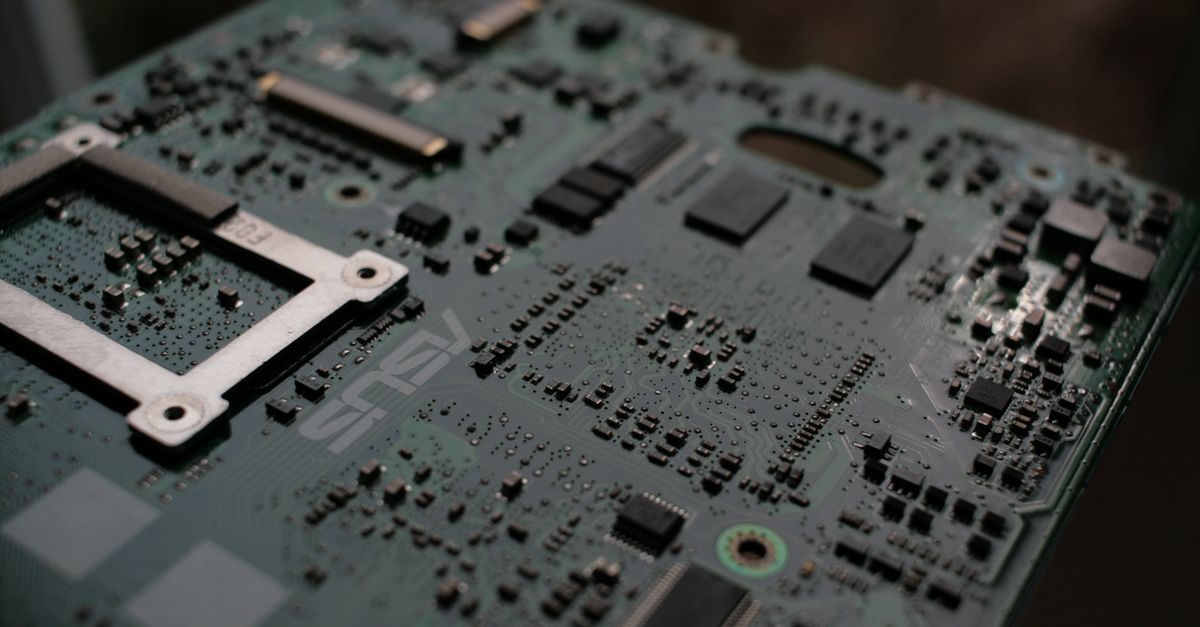 Close-up of a computer motherboard, used as illustrative photography