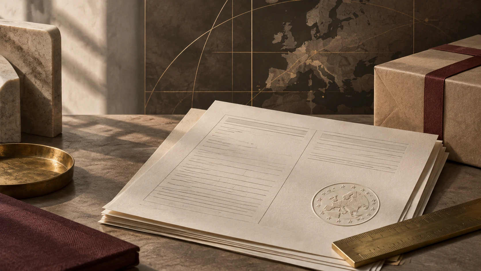 Illustration of customs documents and a parcel against a map of Europe