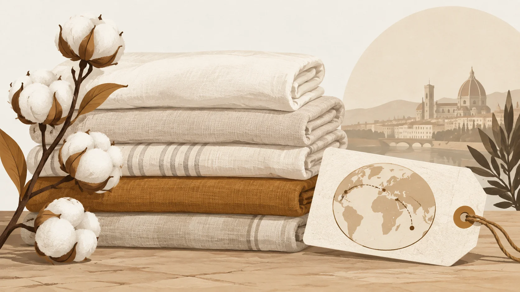 Illustration of folded fabric bolts and a cotton branch with an origin document tag, in espresso and ochre tones