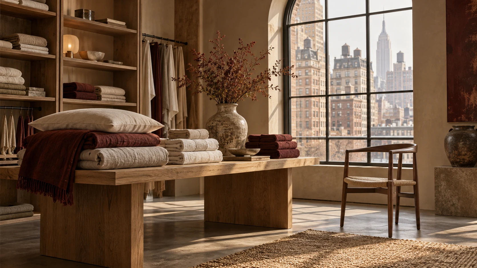 Illustration of a quiet New York showroom with folded linens, a rug and an empty chair by a window