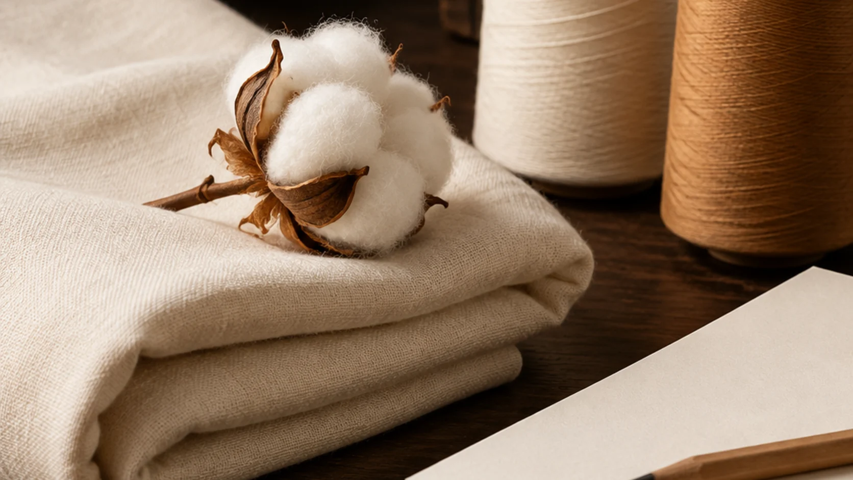 Editorial illustration of folded cotton fabric, thread and blank records