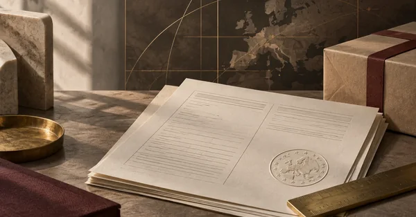 Illustration of customs documents and a parcel against a map of Europe
