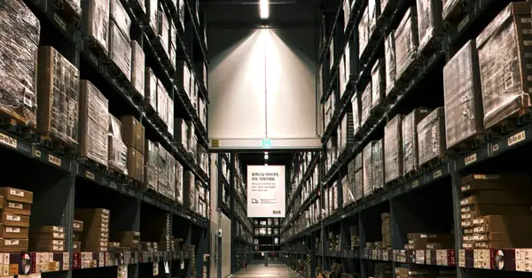 Warehouse aisle lined with stacked cartons and shelves