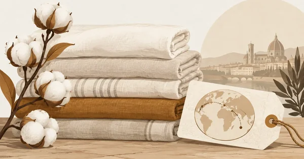 Illustration of folded fabric bolts and a cotton branch with an origin document tag, in espresso and ochre tones