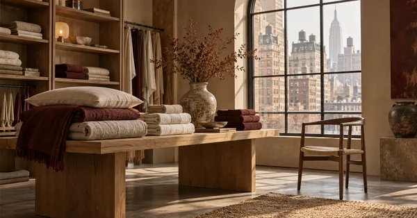 Illustration of a quiet New York showroom with folded linens, a rug and an empty chair by a window