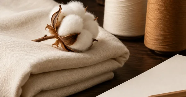 Editorial illustration of folded cotton fabric, thread and blank records